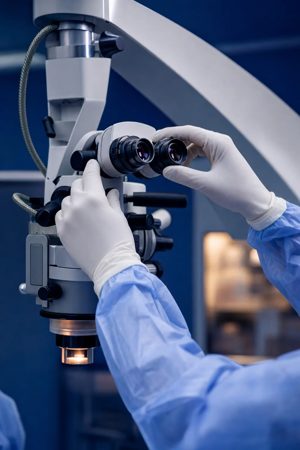 Manos de cirujano en el microscopio quirúrgico oftalmológico
